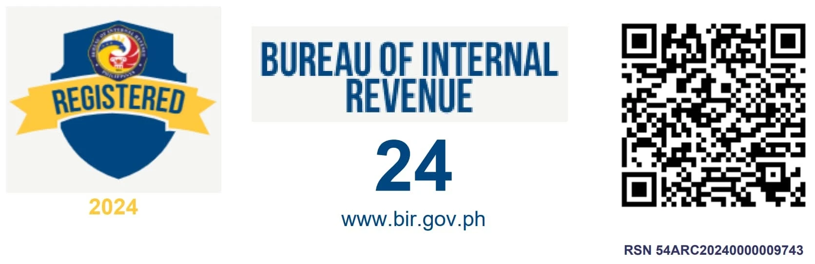 BIR Registered 2024 seal with QR code, RSN 54ARC20240000009743