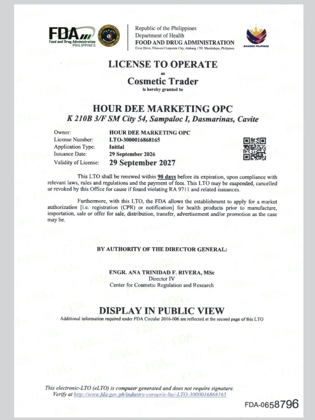FDA License to Operate as Cosmetic Trader granted to Hour Dee Marketing OPC, page 1