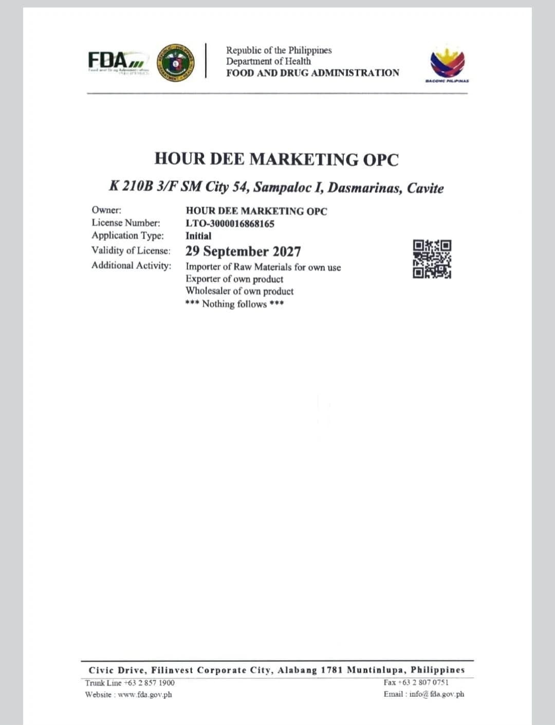 FDA License to Operate, page 2 with additional activities